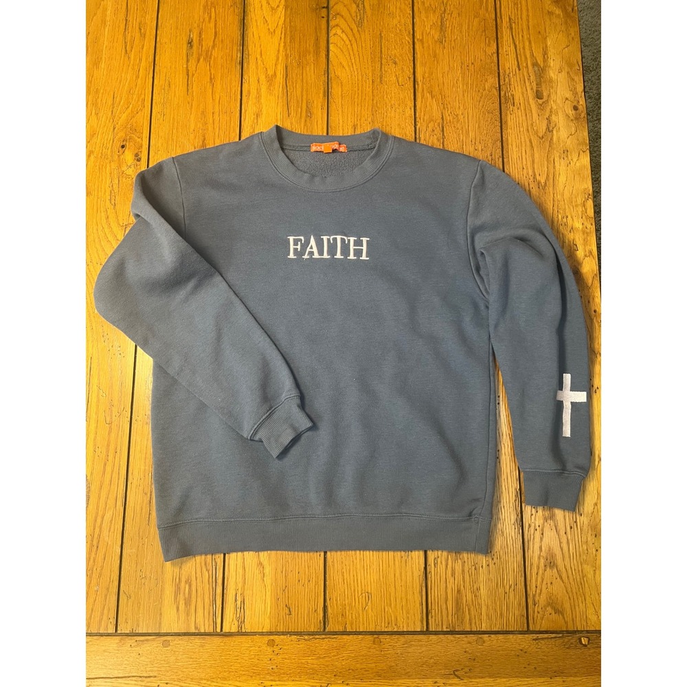 Social Scene Faith Cross Embroidered Sweatshirt Slate Blue XS Crewneck Top
